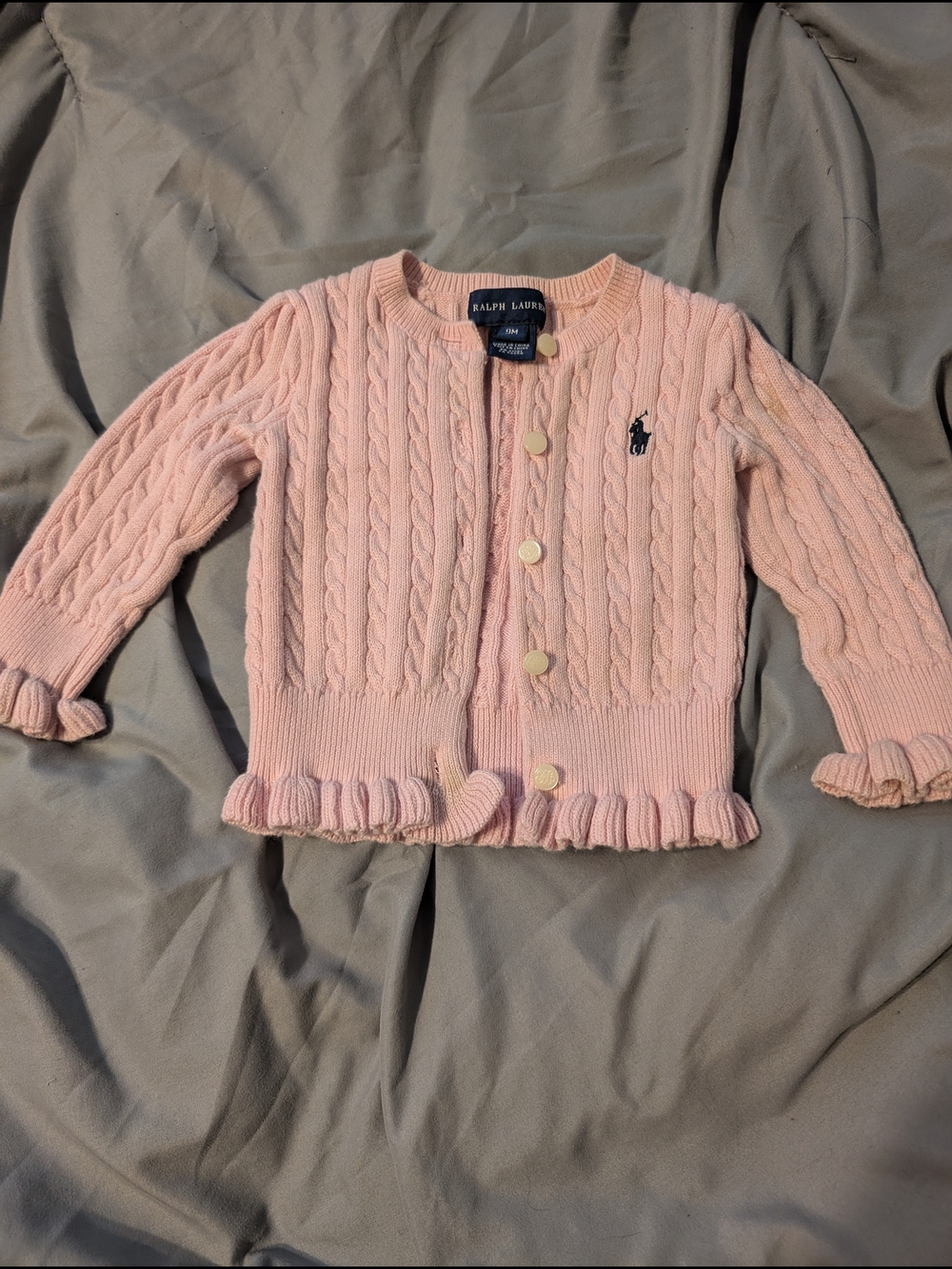 Ralph Lauren Pink Cable-Knit Ruffle Cardigan Baby 9M
